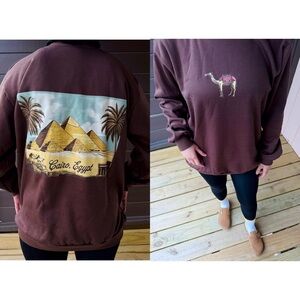 Brown Crew Neck Sweater with Egypt Print